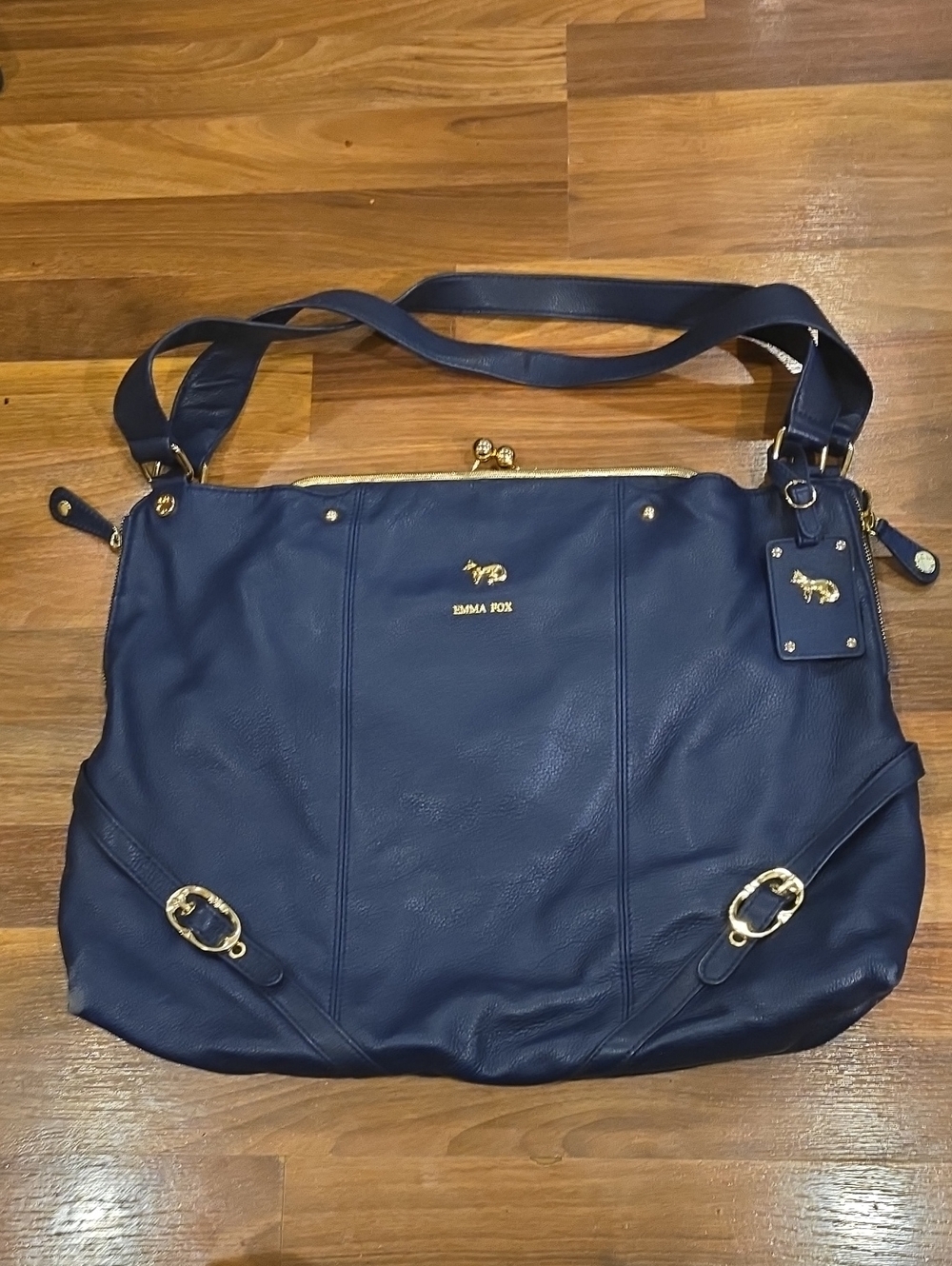 Emma Fox Genuine Leather Navy Shoulder Tote with Gold Accents Kisslock